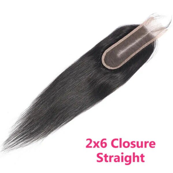 Close-up of 2x6 Swiss lace closure on jet black straight human hair wig, showing seamless attachment