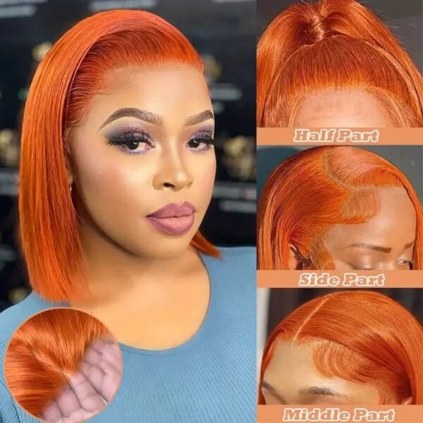 Top-down view of a 7-inch ginger bob lace front wig, highlighting the 13x4 transparent lace and pre-plucked hairline. The 350# density 10A human hair is styled straight with a natural shine
