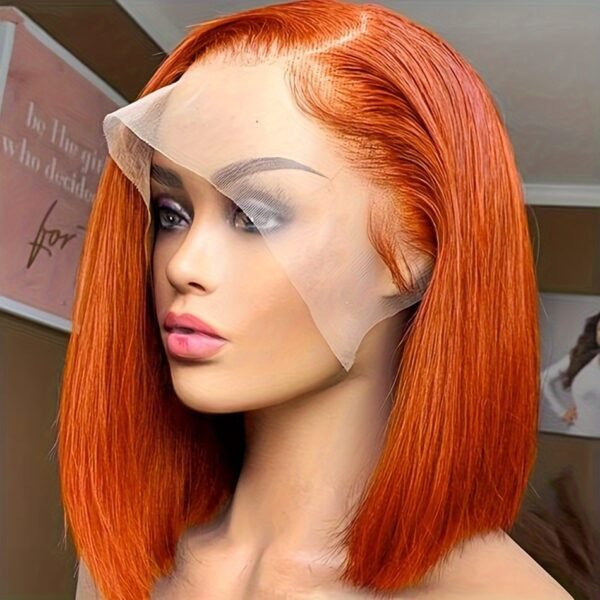 Angled view of an 8-inch vibrant orange 13x4 lace front bob wig, styled with a side part. The 10A human hair is full and bouncy, with a natural hairline and lightly bleached knots