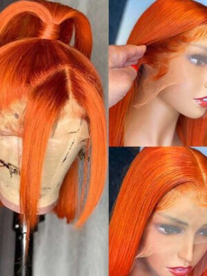 Close-up of a vibrant orange 13x4 lace front bob wig, showcasing a natural hairline with baby hair. The 10A human hair is styled in a sleek, straight bob cut, 12 inches long, with a transparent HD lace frontal.