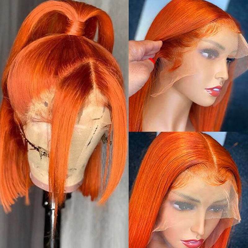 Close-up of a vibrant orange 13x4 lace front bob wig, showcasing a natural hairline with baby hair. The 10A human hair is styled in a sleek, straight bob cut, 12 inches long, with a transparent HD lace frontal.