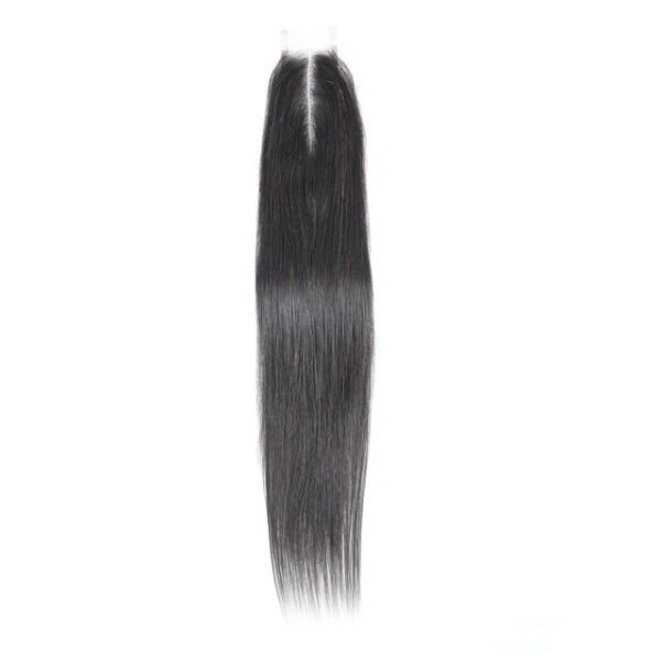 Full view of jet black 10-18 inch straight human hair wig with 2x6 Swiss lace closure and middle part