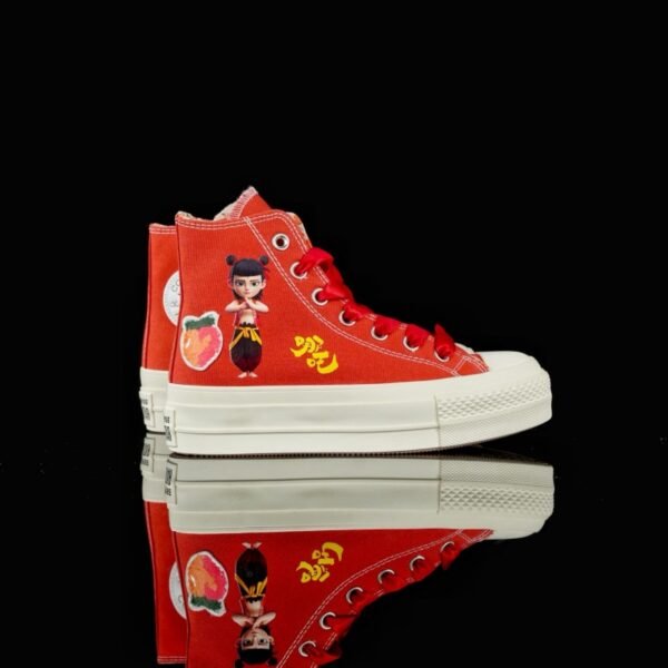 Close-Up of NEZHA Demon Pill Graffiti on Converse 1970s Canvas Shoe