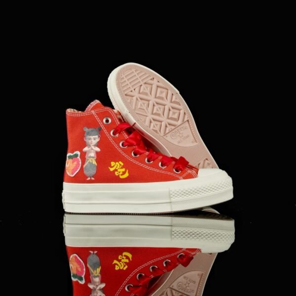 Close-Up of NEZHA Demon Pill Graffiti on Converse 1970s Canvas Shoe