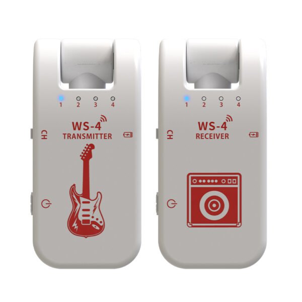 A compact 2.4GHz wireless guitar system showing transmitter and receiver units with LED indicators, designed for electric guitar and bass. Demonstrates plug-and-play setup with 1/4" jacks connecting to instrument and amplifier. Features rechargeable battery design and low-latency digital audio transmission for stage performance