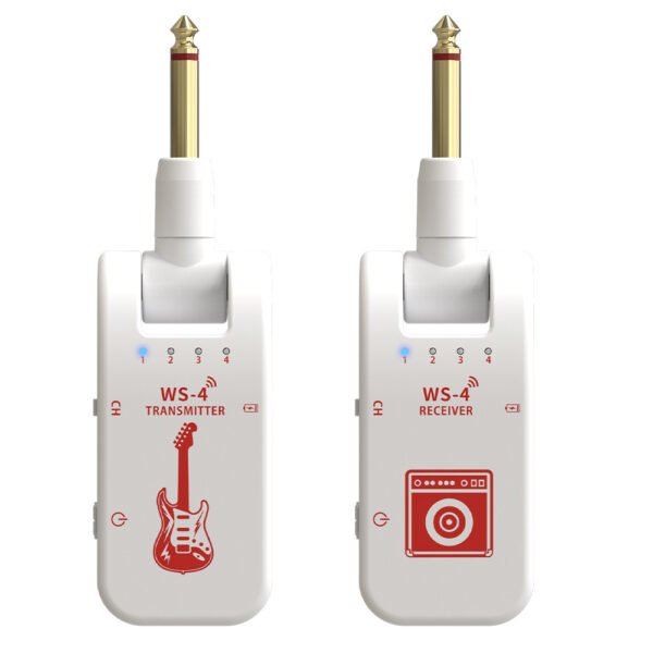 A compact 2.4GHz wireless guitar system showing transmitter and receiver units with LED indicators, designed for electric guitar and bass. Demonstrates plug-and-play setup with 1/4" jacks connecting to instrument and amplifier. Features rechargeable battery design and low-latency digital audio transmission for stage performance