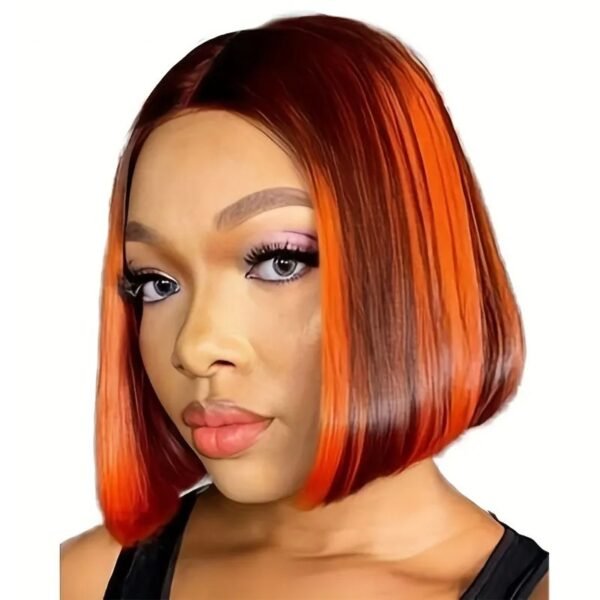ZERUI Orange Red Brazilian 13x4 Lace Frontal Straight Bob Wig – 100% Human Hair on Model, Showcasing Glossy Jet Black Color and Undetectable HD Lace Blending