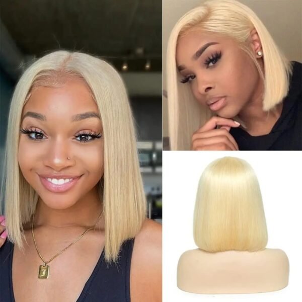 ZERUI Platinum Blonde (613#) 13x4 Lace Front Bob Wig – 100% Human Hair on Mannequin, Demonstrating Pre-Bleached Roots and High-Density Silk Base for Salon-Ready Wear