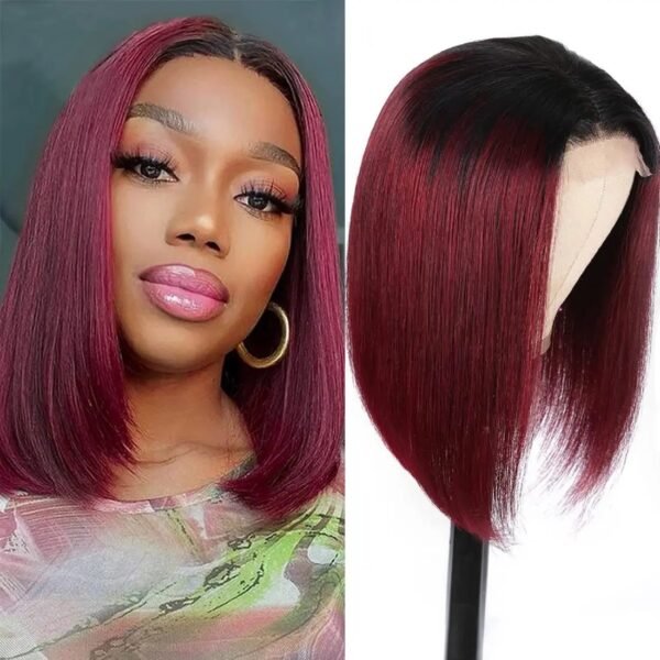 1b/99j Jet Black to Cool Brunette Ombré Bob Wig | 10-inch Straight Human Hair with 2x6 Kim Closure