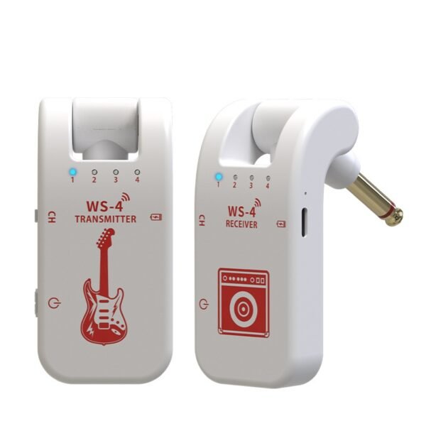A compact 2.4GHz wireless guitar system showing transmitter and receiver units with LED indicators, designed for electric guitar and bass. Demonstrates plug-and-play setup with 1/4" jacks connecting to instrument and amplifier. Features rechargeable battery design and low-latency digital audio transmission for stage performance