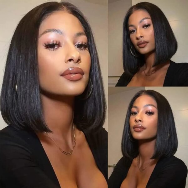 ZERUI Black Brazilian 13x4 Lace Frontal Straight Bob Wig – 100% Human Hair on Model, Showcasing Glossy Jet Black Color and Undetectable HD Lace Blending