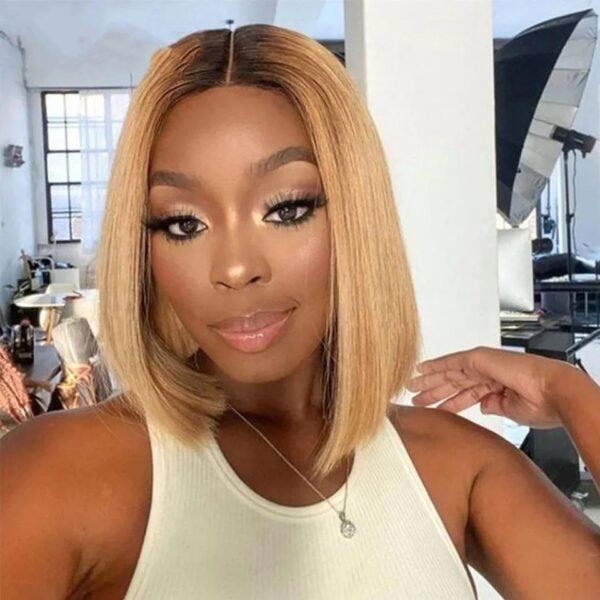 4T27 Sandy Beige Straight Bob Human Hair Wig | Natural Middle Part & Thin Lace Closure