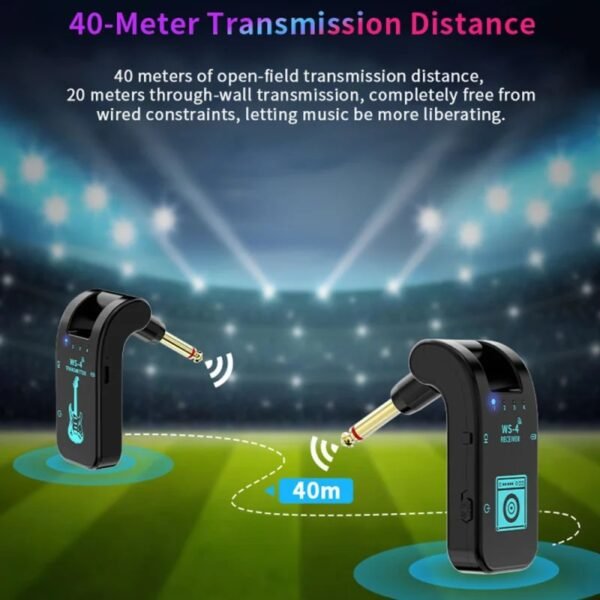 2.4G Wireless Guitar System Transmitter & Receiver units with LED indicators, designed for electric guitar and bass. Demonstrates plug-and-play setup with 1/4" jacks connecting to instrument and amplifier. Features rechargeable battery design and low-latency digital audio transmission for stage performance