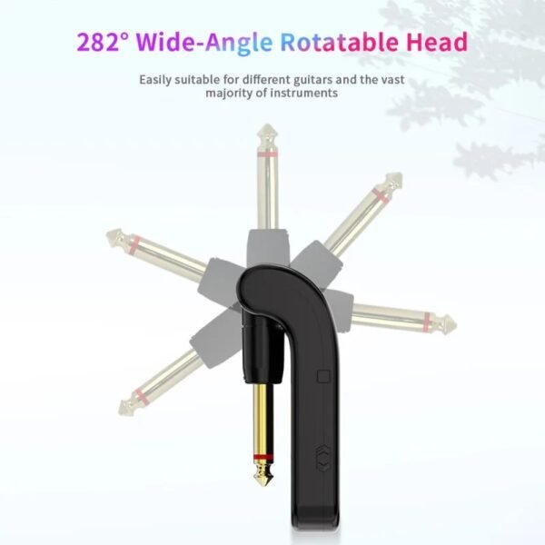 2.4G Wireless Guitar System Transmitter & Receiver units with LED indicators, designed for electric guitar and bass. Demonstrates plug-and-play setup with 1/4" jacks connecting to instrument and amplifier. Features rechargeable battery design and low-latency digital audio transmission for stage performance