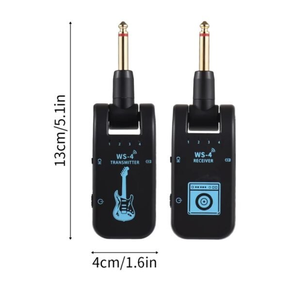 2.4GHz wireless guitar system showing transmitter and receiver units with LED indicators, designed for electric guitar and bass. Demonstrates plug-and-play setup with 1/4" jacks connecting to instrument and amplifier. Features rechargeable battery design and low-latency digital audio transmission for stage performance