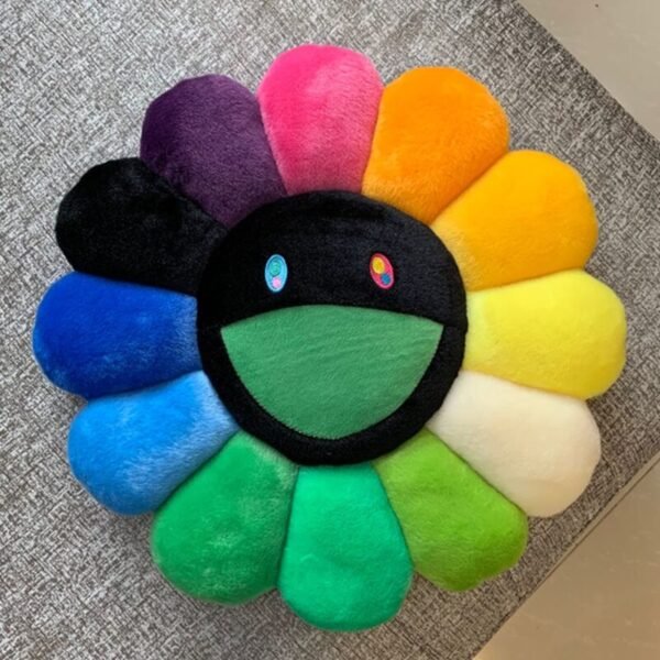 Takashi Murakami Flower Cushion in Black Face - 40cm & 60cm Double-Sided Sunflower Plush Pillow | Modern Art Decor for Sofas, Offices & Galleries