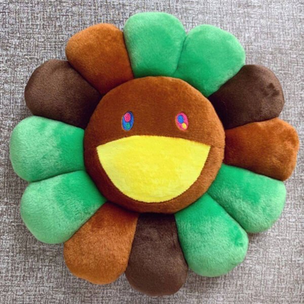 Takashi Murakami Flower Cushion in Green-Brown - 40cm & 60cm Earthy-Toned Plush Pillow | Nature-Inspired Modern Decor