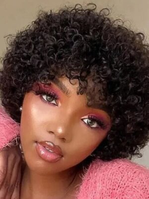 Afro Kinky Curly Bob Wig in Natural Black Shade – 8 Inch Human Hair Wig with Hand-Tied Cap