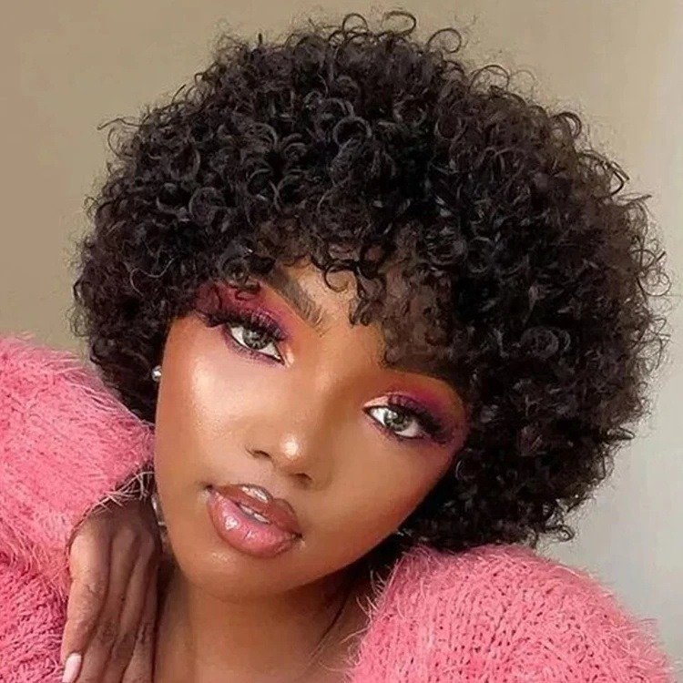 Afro Kinky Curly Bob Wig in Natural Black Shade – 8 Inch Human Hair Wig with Hand-Tied Cap