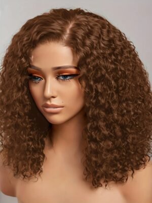 Brazilian Human Hair Frontal Wig - 13x4 Lace Curly Bob 4# Brown Front View