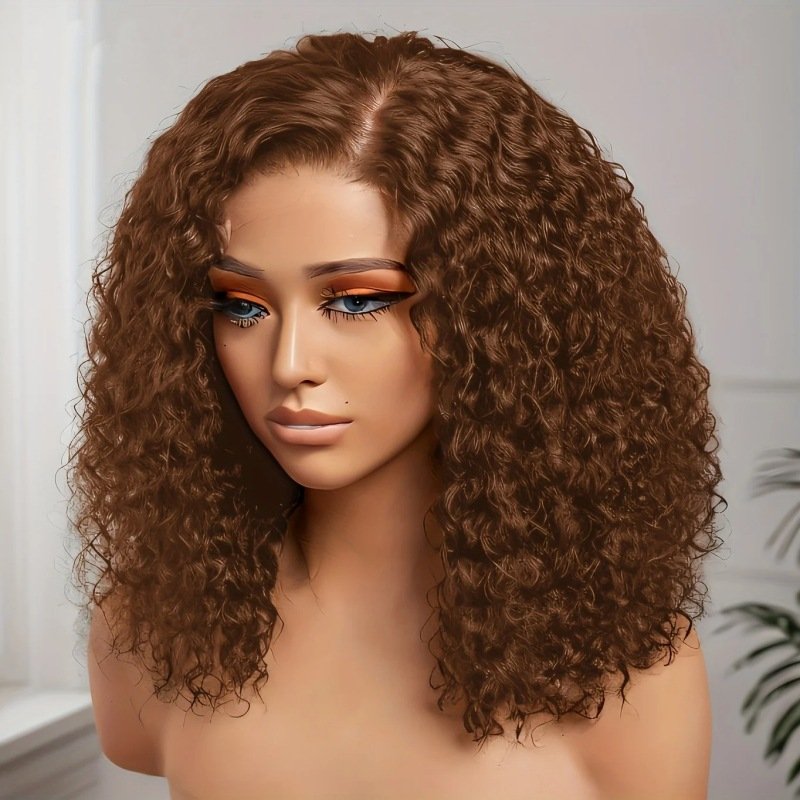 Brazilian Human Hair Frontal Wig - 13x4 Lace Curly Bob 4# Brown Front View