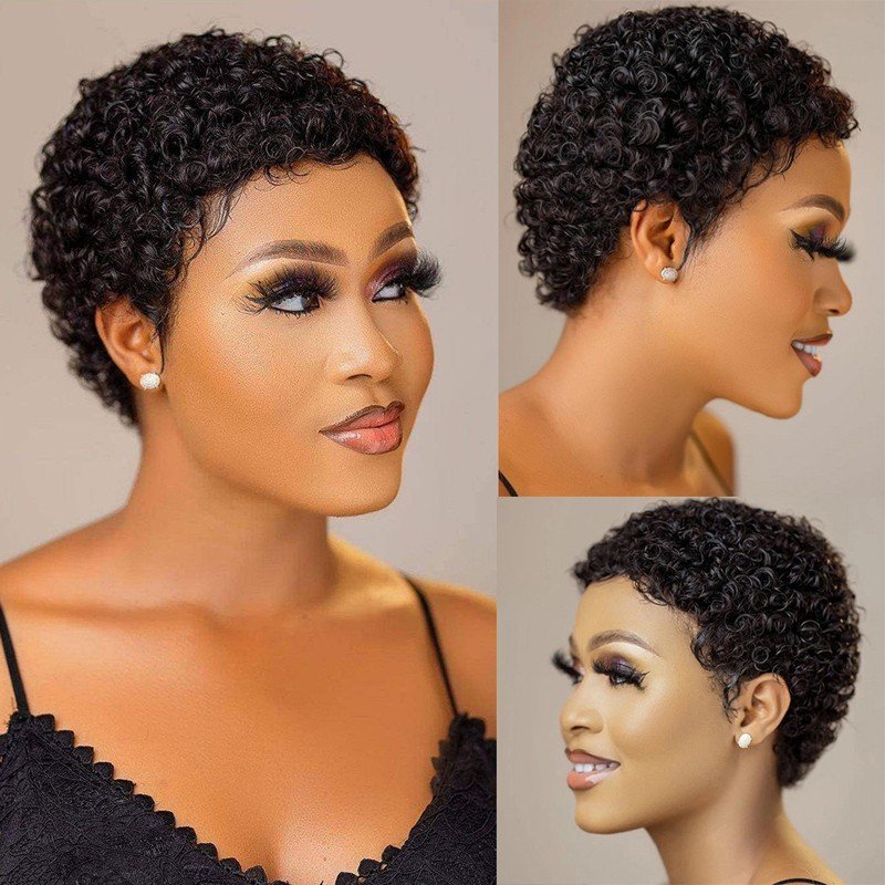 Brazilian Human Hair Wig - Short Curly Black Wig with Natural Volume