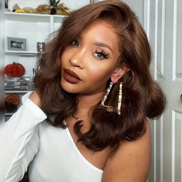 Side view of loose wave human hair wig in shade 43#, highlighting voluminous curls and Vietnamese virgin hair quality for daily styling