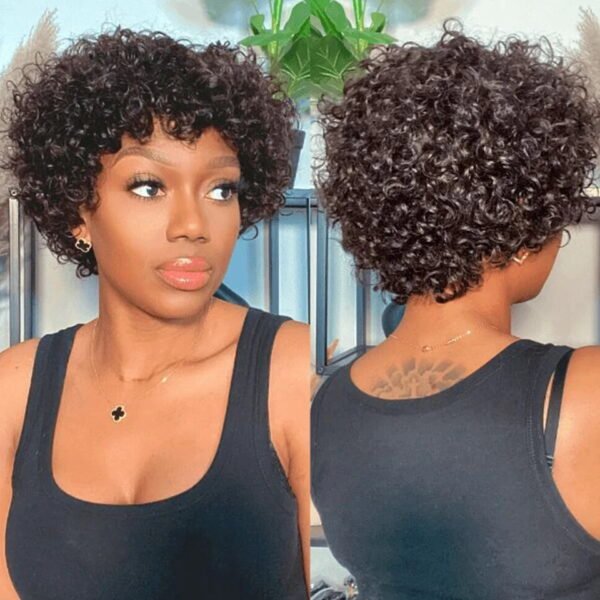 Model wearing Afro kinky curly bob wig with seamless hairline and adjustable straps