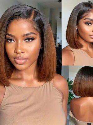 1B/30 Brown Straight Bob Human Hair Wig with 13x4 Lace Front on Mannequin Head