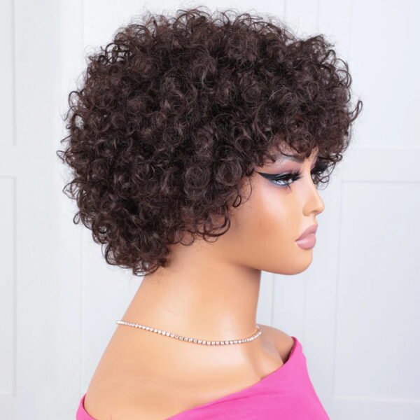 Side view of sleek kinky curly bob wig showing defined Afro-textured curls