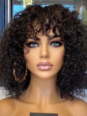 Natural Black Water Wave Human Hair Wig with Soft Bangs on Display