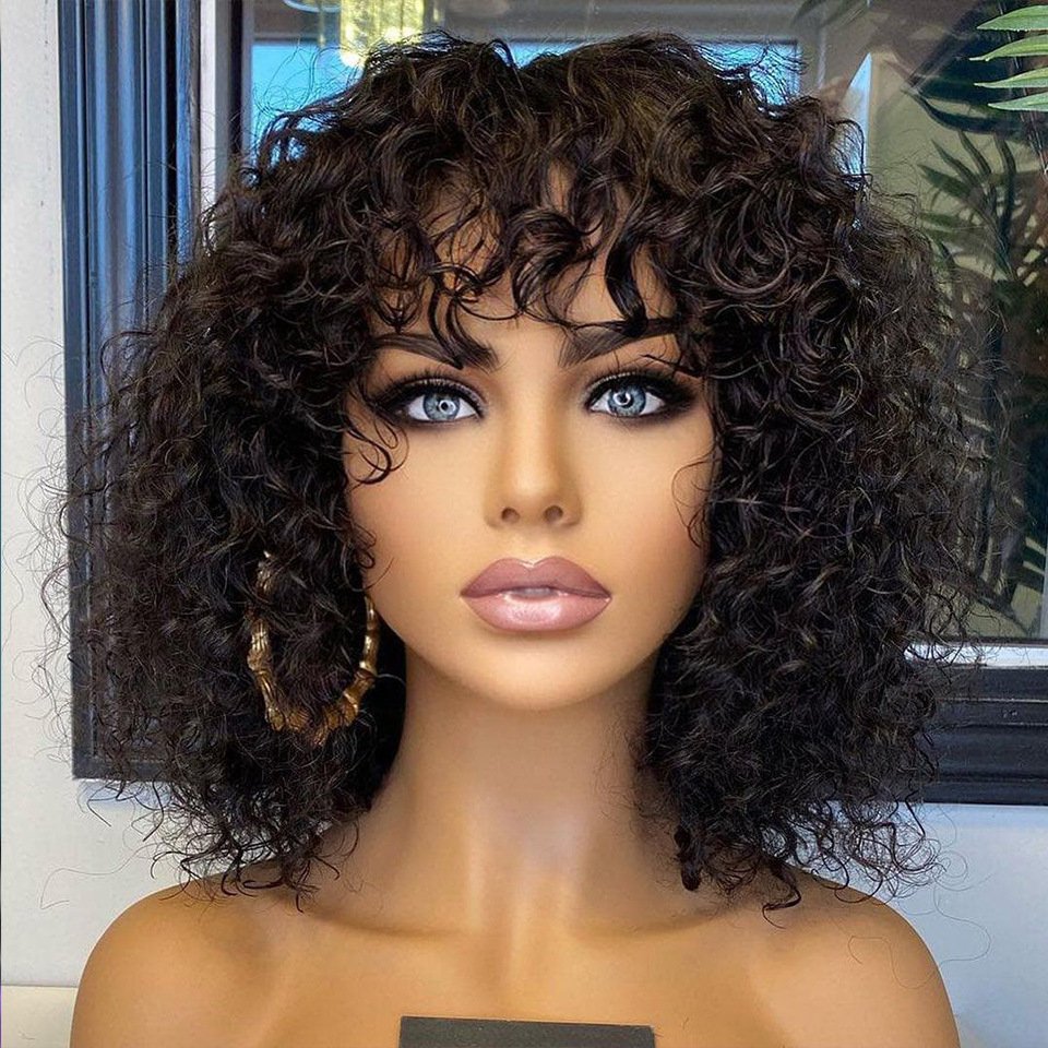 Natural Black Water Wave Human Hair Wig with Soft Bangs on Display