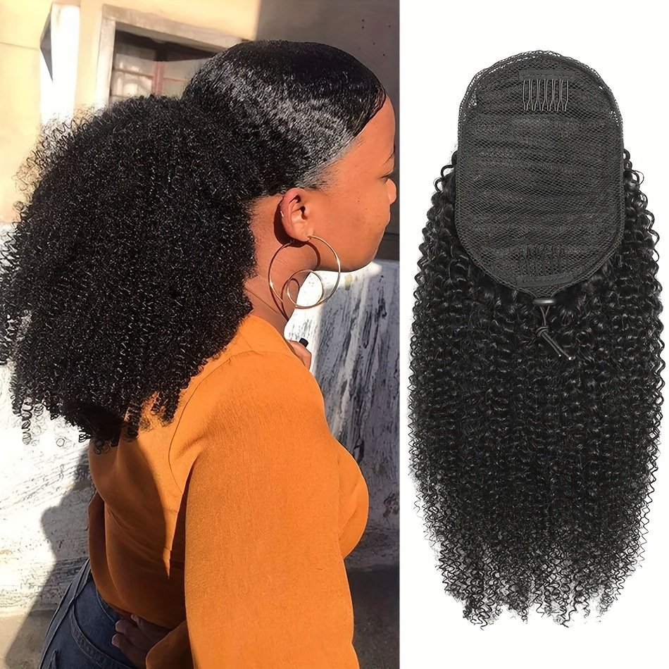 Hand-Tied Human Hair Afro Kinky Curly Ponytail Extensions – Natural Curls & Adjustable Elastic Band