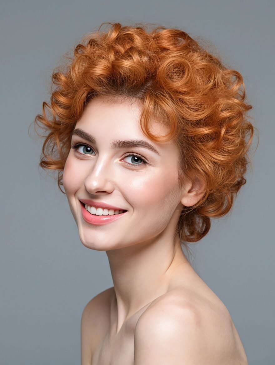 A beautiful woman with short, wavy blonde hair smiling sideways against a grey background, showcasing a stylish wig from ZERUI's fashionable collection