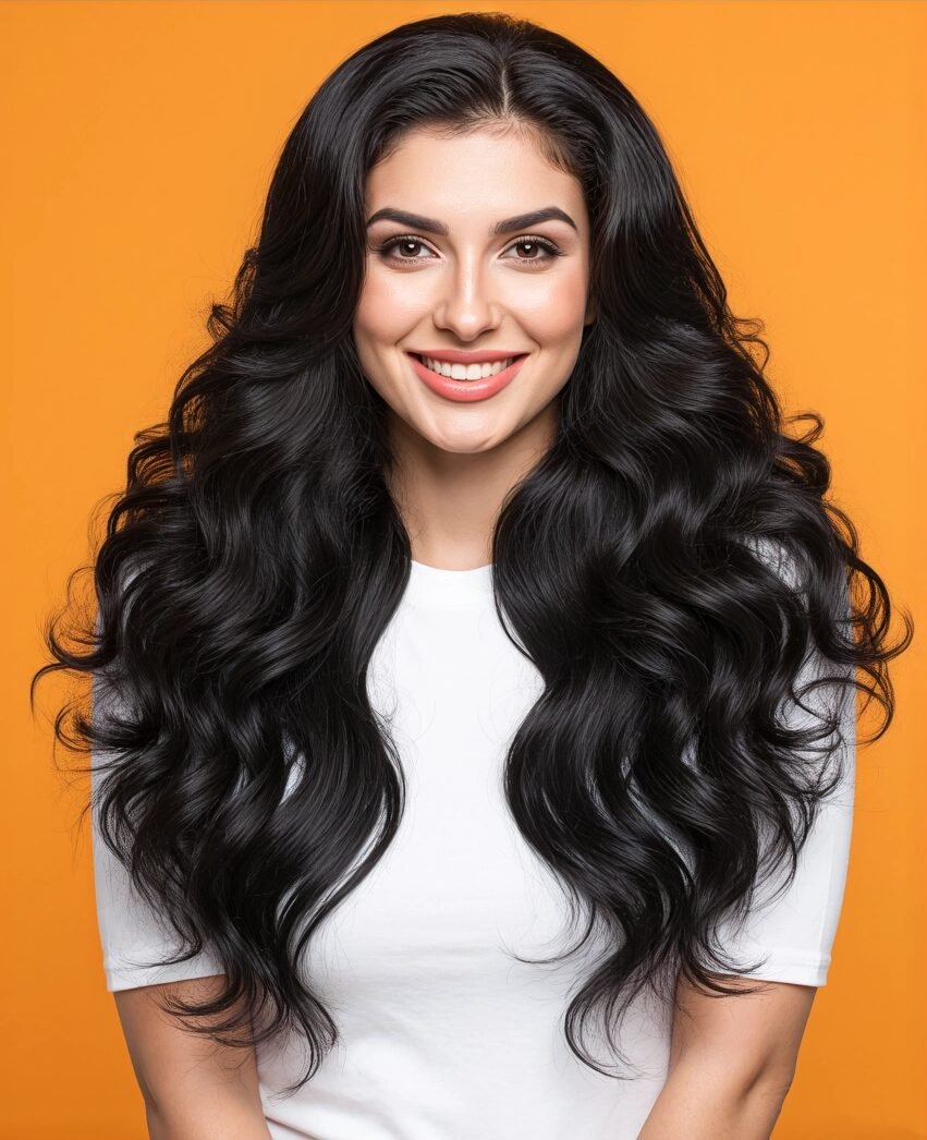 Smiling woman wearing a black wavy long Zerui wig against an orange background