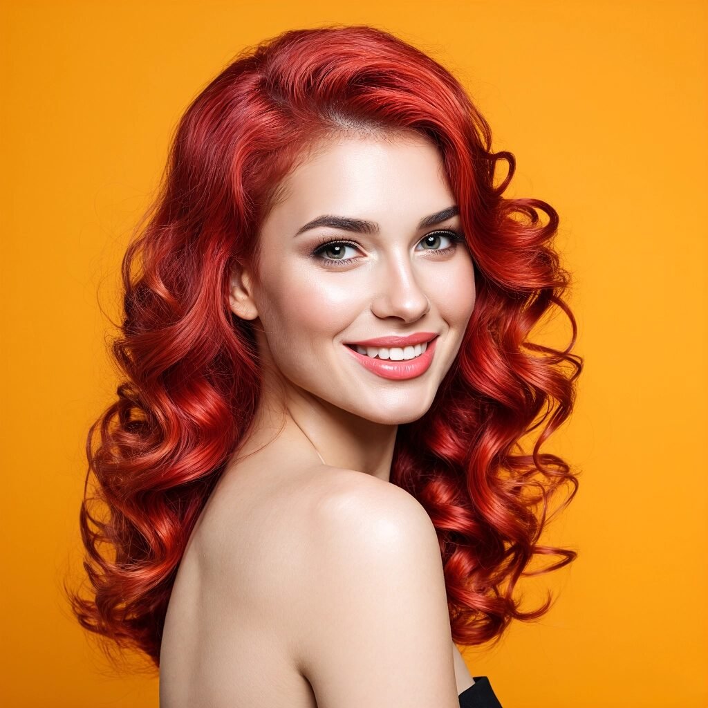 Smiling woman wearing a long, curly red Zerui wig against an orange background