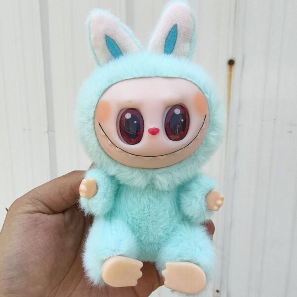 Sky Blue Labubu Plush and Vinyl Collectible Figure - 45-Degree View Showing 3D Facial Details and D-Ring Keychain