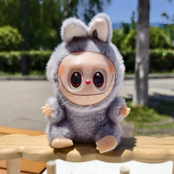 Charcoal Gray Labubu Plush Vinyl Figure Front View - 15cm Limited Generation II Keychain Toy with Textured Fabric & Embroidery Details